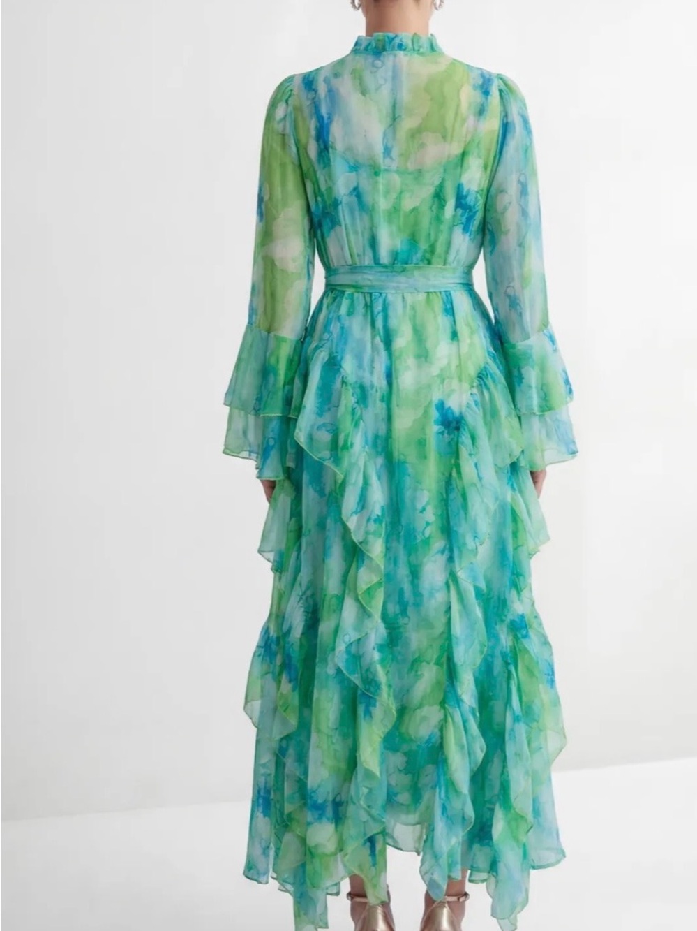 Watercolor Ruffle Maxi Dress in Green and Blue